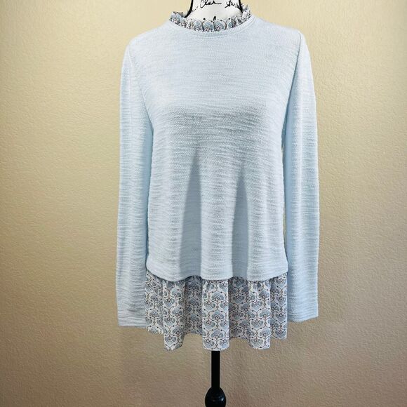Loft Women's Size Medium Mosaic Boucle Mixed Media Sweatshirt Blue boho - Picture 10 of 13
